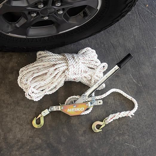 NEIKO 02250A Rope Puller, 3/4-Ton (1,500 lbs) Pulling Capacity, 98Ft, 2 Hook, Heavy Duty Power Cable Come Along Tool with Dual Gears, Hand Winch Cable, Automotive Hoist Winch Puller, Recovery Gear