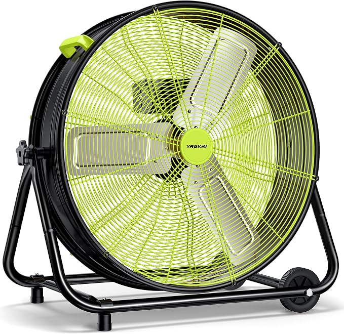 VAGKRI 24 Inch Industrial Drum Fan, 320W High Velocity Floor Fan, 3 Speed Heavy Duty Metal Air Circulator, 360° Tilt with Casters Handle ETL Standard for Patios, Commercial,Basement,Warehouse (Green)