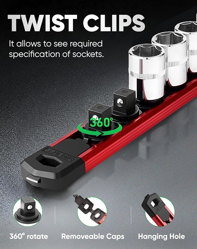 ALOANES Magnetic Socket Organizer Set, 1/2-Inch Drive Heavy Duty Aluminum Socket Rail Organizer, 360° Swivel Clips Socket Holder Kit for Toolbox Drawer Fit 1/2-Inch x 12 Clips (Red, 1PC)