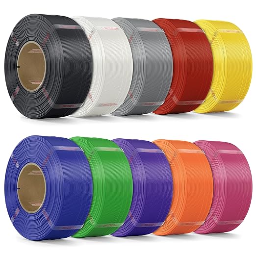PLA Filament 1.75mm PLA 3D Printer Filament(Refill),10kg Refill for Reusable Spools(22lbs), Black+White+Ash Grey+Red+Yellow+Dark Blue+Green+Purple+Orange+Pink