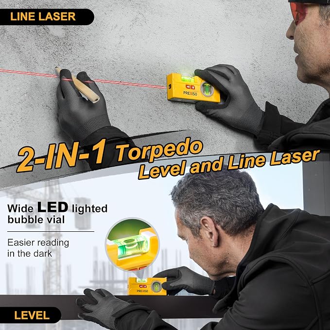PREXISO 2-in-1 Line Laser Level - Mini Torpedo Level with Light, 3-3/4 inch 90°/180° Magnetic Pocket Level & 30Ft Laser Line Leveler Tool for Hanging Picture, Wall Marking Painting, Home Renovation