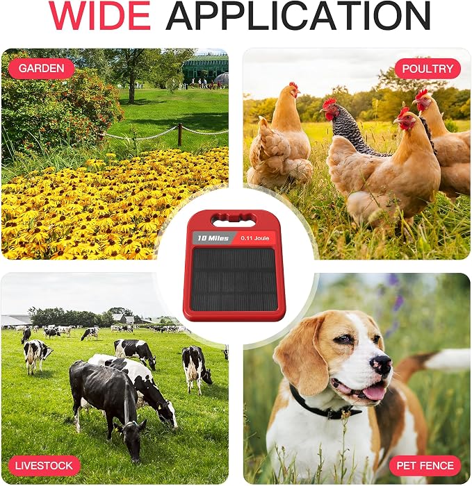 10 Mile Solar Fence Charger 0.11J Electric Fence Energizer with Day Night Mode 24-Hour Protection Red