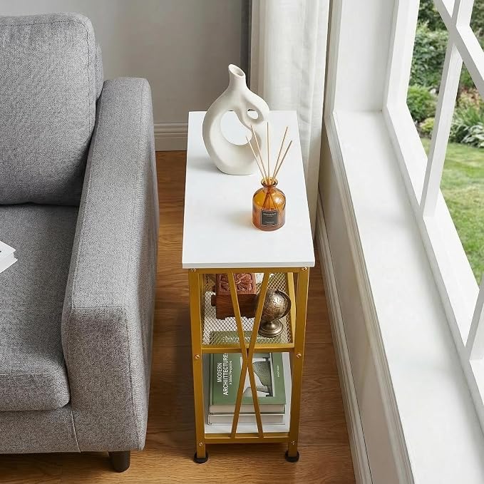 Narrow Side Table, End Table with 3 Tier Storage Shelves, Industrial Rustic Accent Skiny End Tables for Small Spaces, Slim Couch Beside Table, Small Hallway Table for Living Room (White+Gold)