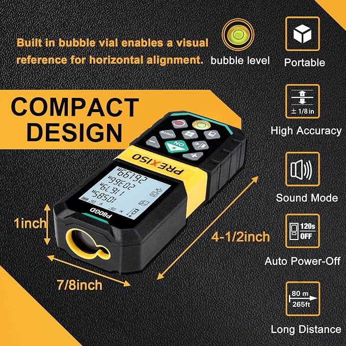 PREXISO Laser Measure Rechargeable, 265Ft Green Beam Laser Measurement Tool & PREXISO 2-in-1 Laser Level Spirit Level with LED Lights, 32Ft Line and 98Ft Point