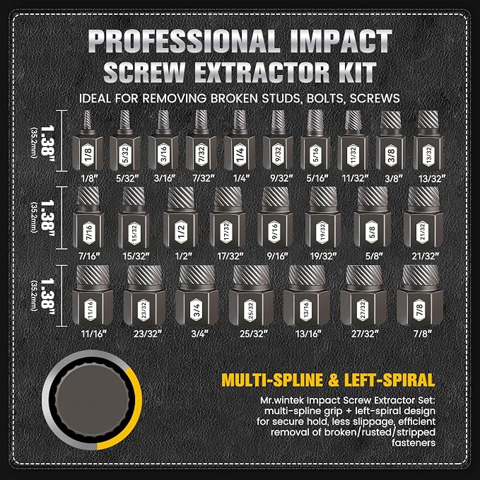 25-Piece 3/8" Drive Impact Bolt Extractor Set, 1/8" - 7/8", Hex Head Multi-Spline Easy Out Screw Extractor Set for Removing Broken Studs, Bolts, Screws, CR-MO Steel, with Heavy Duty Case