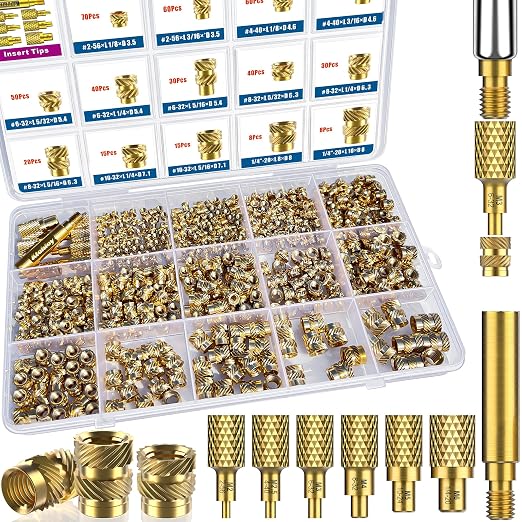 513Pcs SAE Threaded Inserts, #2-56#4-40#6-32#8-32#10-32 1/4"-20 Female Thread Knurled Nuts Assortment Kit, Brass Heat Set Insert for Plastic and 3D Printing Components