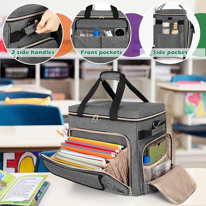 LUXJA Rolling Teacher Bag with Laptop Compartment and Detachable Dolly, Multifunctional Rolling Briefcase with Accordion File Area (Patented), Gray