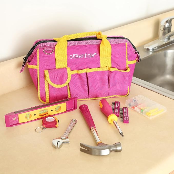 Pink Tool Set 32 Piece, Mini Tool Kit, Home Repair Tool Set with Hammer, Pliers, Adjustable Wrench, Screwdrivers, Tape Measure, Level, and Bits, Dorm Room Essentials for Girls