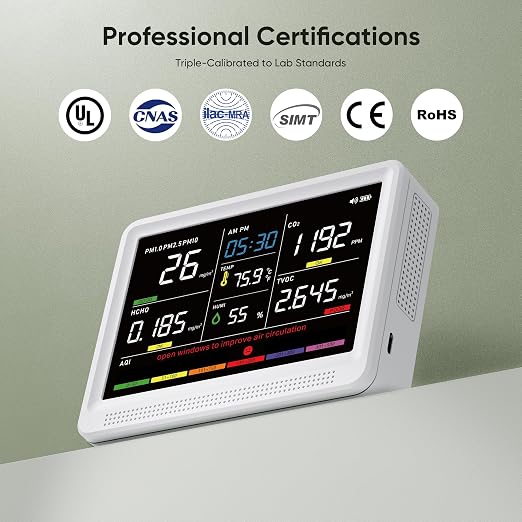 bonoch 16 in 1 Air Quality Monitor Indoor 10h-Battery & Real-Time Display 9 AQI+7 AQI Alerts, CO2 Monitor, Air Quality Tester Meter for CO2, TVOC PM2.5 PM1.0 PM10 HCHO Temperature Humidity AQI & Time