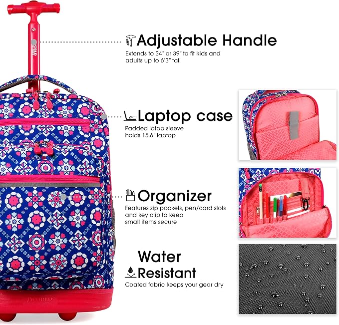 J World Sundance Laptop Rolling Backpack for Girls Boys. Roller Bookbag with Wheels, 20 Inch, Trinket