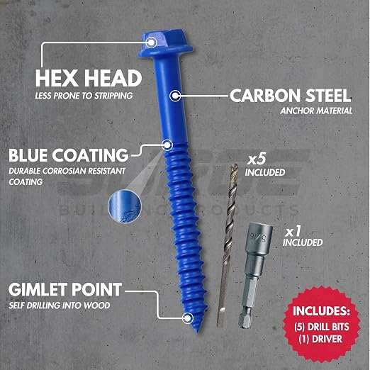 3/16" x 1-1/4" Hex Head Blue Concrete Screw Anchor with Drill Bit & Driver (Box of 500) | Masonry Screws for Concrete, Block, and Brick
