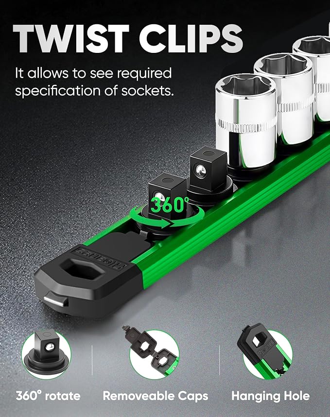ALOANES Magnetic Socket Organizer Set, 3-Piece Heavy Duty Aluminum Socket Rails, 360° Swivel Clips Socket Rail Kit for Tool Tray Drawer Fit 3/8-Inch x 42 Clips (Green, 3PC)