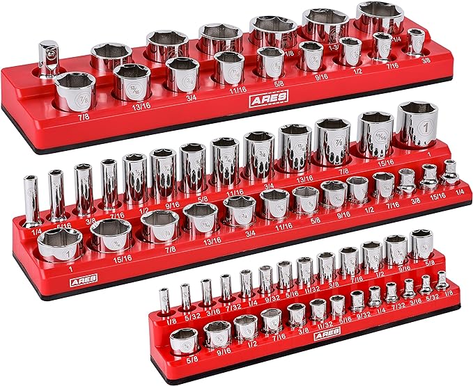 ARES 60035-3-Piece Set SAE Magnetic Socket Organizers - RED -Includes 1/4 in, 3/8 in, 1/2 in Socket Holders - Holds 68 Standard (Shallow) and Deep Sockets - Also Available in GREEN