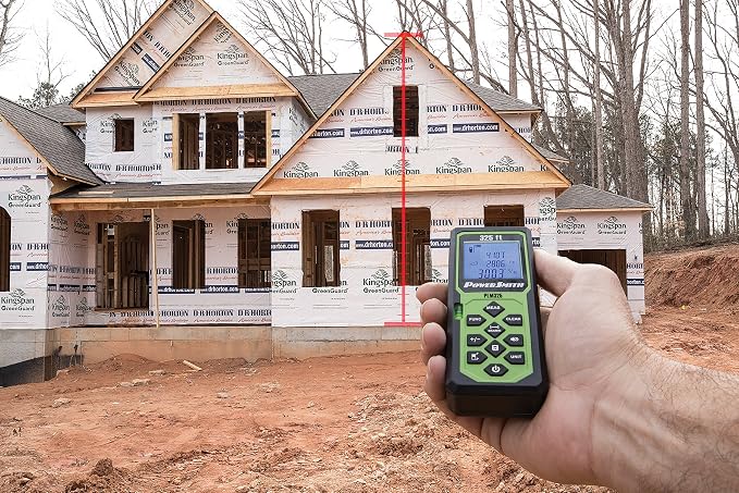 POWERSMITH PLM325 325' Weatherproof Back-Lit Digital Laser Distance Measure with Four Measuring Units, Fractional Display, Auto Shut-Off, Rubberized Grip Batteries, and Belt Holster