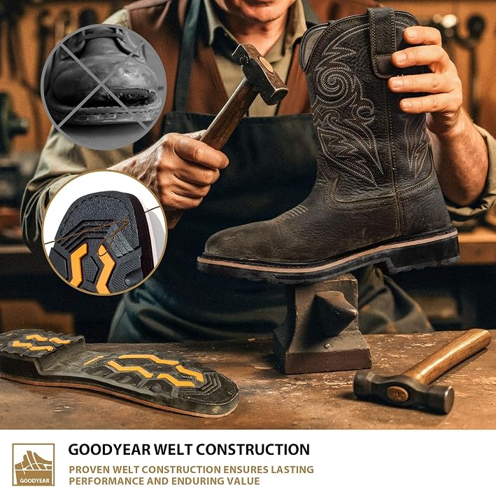 Steel Toe Work Boots for Men Cowboy Boots Square Toe Waterproof Leather Rancher Western Safety Shoes Brown