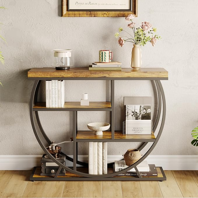 Garvee Entryway Table with Storage, Industrial 4-Tier Narrow Console Table Behind Couch with Half-Circle Base & Storage Shelves for Living Room, Hallway, Foyer