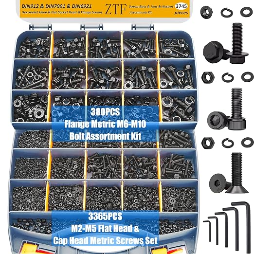 ZTF 3745PCS Nuts and Bolts Assortment Kit, Metric Flange Bolt Set & Screw Assortment Kit M2 M3 M4 M5 M6x1.0 M8x1.25 M10x1.5 Bolt(4-45mm) 42 Sizes Hex Socket Flat Head & Cap Head Metric Screw
