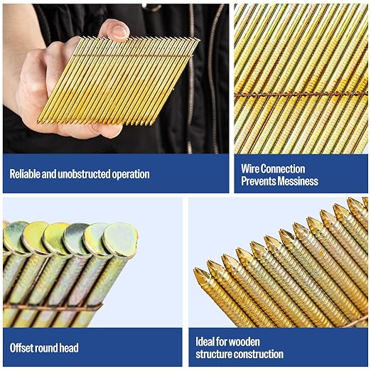 meite 28 Degree Framing Nails 3 Inch x .120'' Galvanized Wire Weld Collated Nails for Framing Nailer Gun, Offset Round Head Ring Shank Framing Nails for Structural Wall Sheathing Decking 2,000PCS | Offset Round Head Wire-weld Collated Nails, Rust-proof...