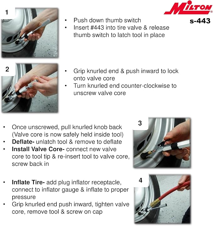 Milton (S-443) 3-in-1 Tire Valve Extractor and Inflator Tool - Remove, Inflate, Install.