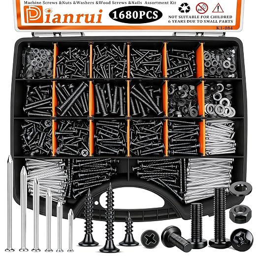 Dianrui 1680 PCS Blcak Nails and Screws Assortment Kit & Screw Bolts and Nuts, M3/M4/M5/M6 Machine Screws, Small Nails for Picture Hanging, #6#8 Drywall Screw Set for DIY Project Length 1/2" to 2"