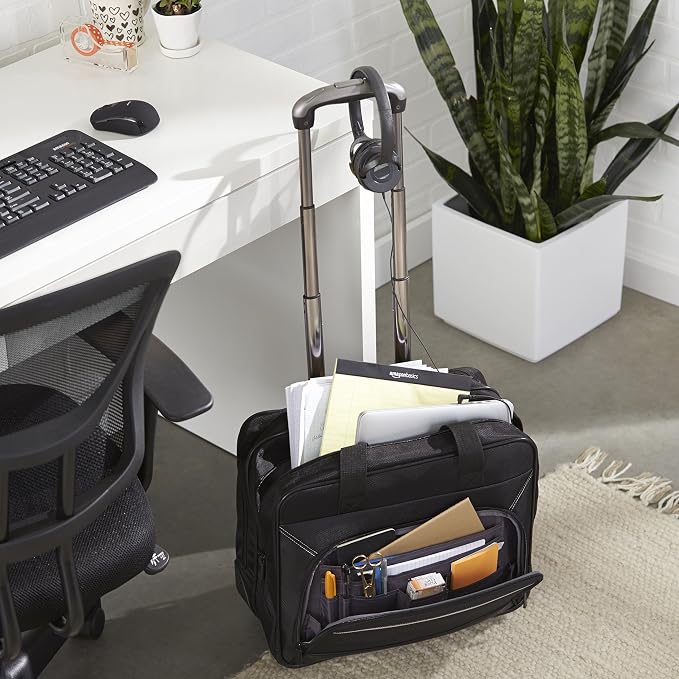 Amazon Basics 15.6" Rolling Laptop Bag for Travel and Business, Briefcase with Wheels, Adjustable Locking Handle, Black