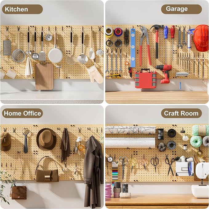 VOIMO Bamboo Pegboard Organizer Set, 6 Panels (16"x12") with 48 Hooks – Eco-Friendly Wall Mounted Storage Rack for Tools, Crafts & Office – Natural Bamboo Pegboard System with Accessories