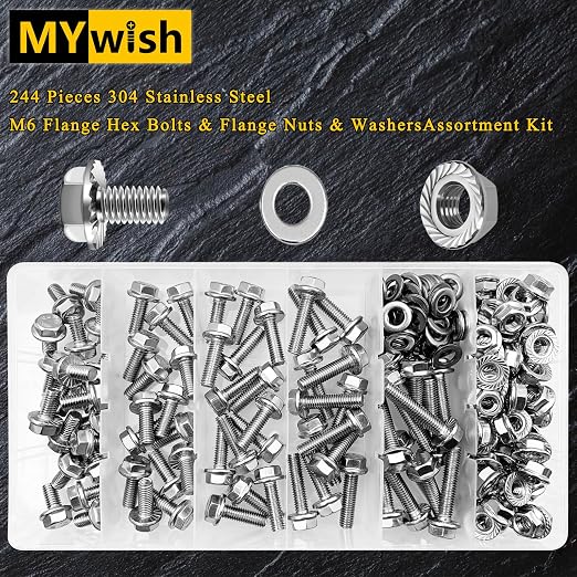 224Pcs M6 Bolt x 12/16/20/25/30mm, M6x1.0 Bolt, Flanged Hex Head Bolts with Flange Nuts Washers, 304 Stainless Steel M6 Screws, Metric Bolt Assortment, DIN 6921 By Mywish