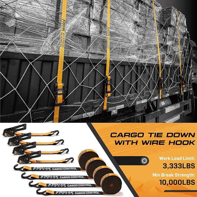 4 Pack Heavy Duty 2" x 27' Ratchet Tie Down Straps with Wired J Hooks - 10,000 LBS Break Strength for Truck & Trailer Cargo Control KODIAK STRAPS