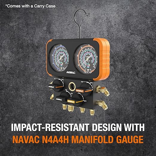 NAVAC N4A4H Manifold Gauge | Class 1.0 Accuracy | Impact-Resistant HVAC Gauge | Aluminum Body and Rubber Cover | Easy-to-Read Analog Display | 4 Valves | with Hoses | 1 Year Warranty