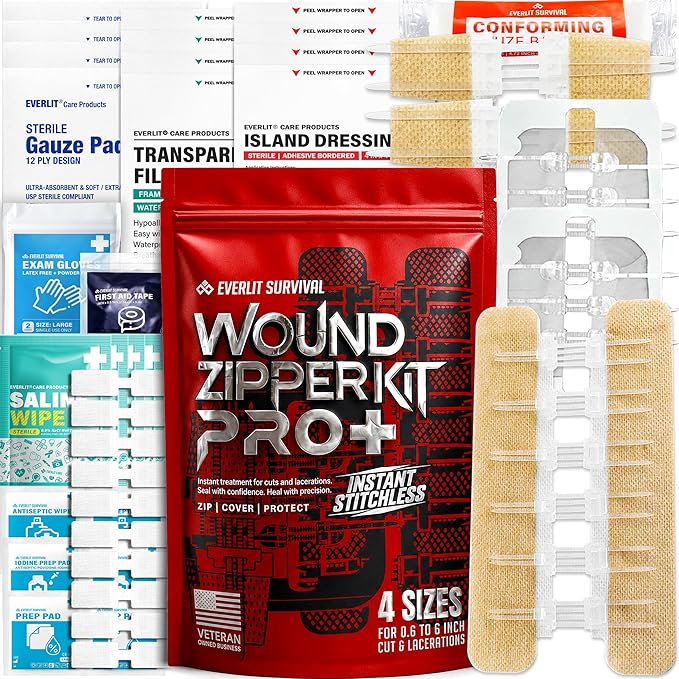 EVERLIT Wound Closure Kit | Surgical Zip-Stitch Devices for Cut & Laceration | Sterile, Suture-Free, Stitch-Less Adhesive Butterfly Bandages for Emergency First Aid Wound Care (Ultimate Pro+ Kit)