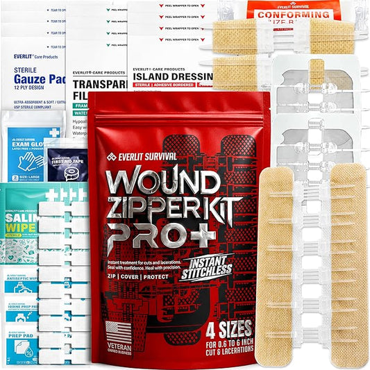 EVERLIT Wound Closure Kit | Surgical Zip-Stitch Devices for Cut & Laceration | Sterile, Suture-Free, Stitch-Less Adhesive Butterfly Bandages for Emergency First Aid Wound Care (Ultimate Pro+ Kit)