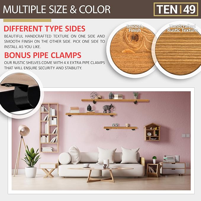 TEN49 Industrial Pipe Wood Wall Shelf - 36" Real Wooden Shelving w/Special Walnut Color - Modern Interior Decor Floating Shelves w/Iron Pipe Brackets - Rustic Farmhouse Style Bookshelf - Set of 2