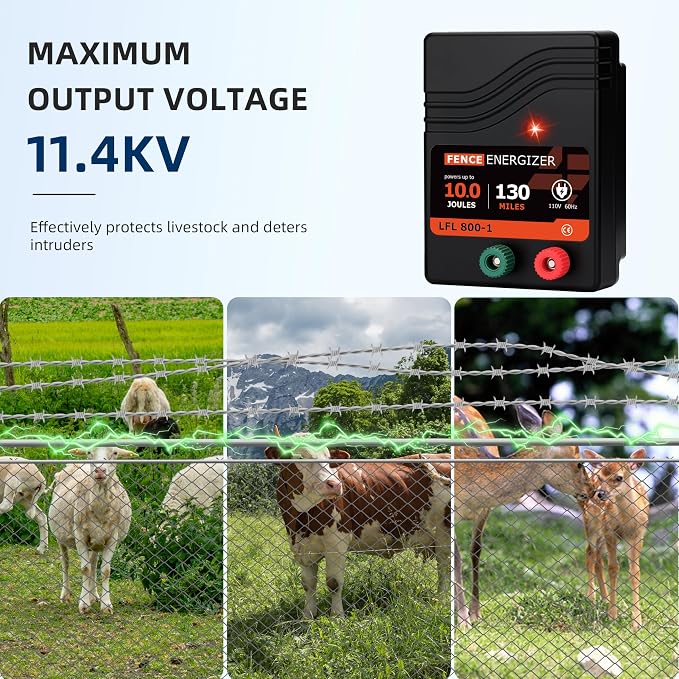 Electric Fence Charger AC Powered 110 Miles, 110 Volt 10 Joule Plug-in Electric Fence Energizer, Output Voltage Max 11.3 KV for Livestock, Preventing Predators from Intruding