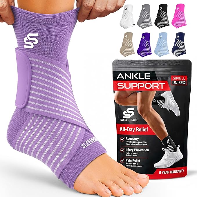 Sleeve Stars Ankle Brace for Women & Men, Ankle Wrap for Sprained Ankle, Compression Sleeve for Plantar Fasciitis Relief, Easy Customizable Support: w/Removable Strap (Single/M:10"-12"/Light Purple)