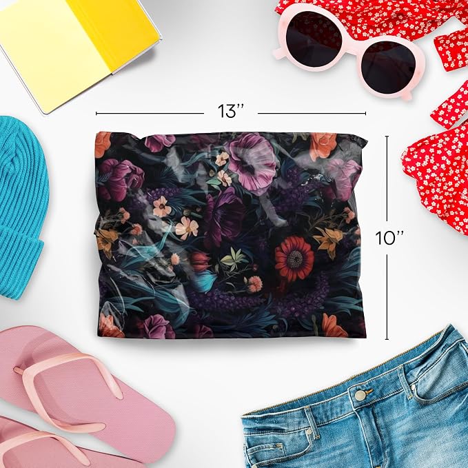 Package Mint 10x13 Poly Mailers - 100 Pack Dark Floral Design Poly Mailer Shipping Bags - Waterproof, Tear-Resistant, Self-Sealing Adhesive Mailing Bags for Clothes and Accessories