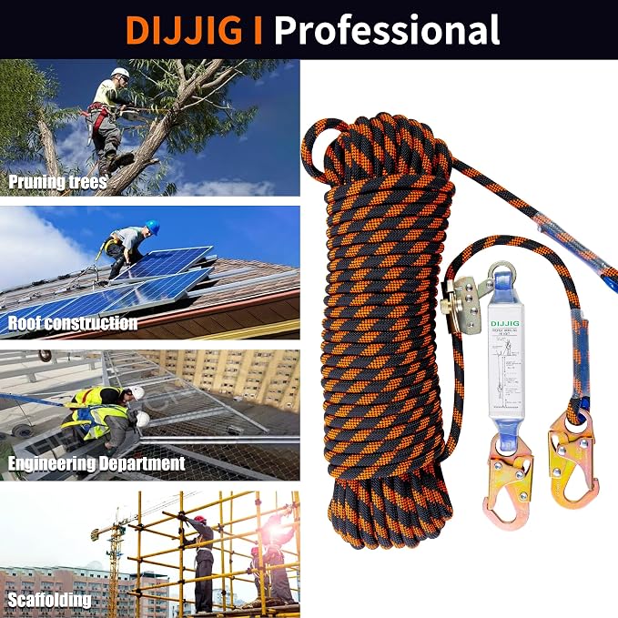 DIJJIG Rope Harness Safety Lanyard 100ft Vertical Roofing Rope With Grab Snap Hooks Shock Absorber Fall Protection Tree Climbing Line Kit Heavy Duty Roof Safety Equipment ANSI CE