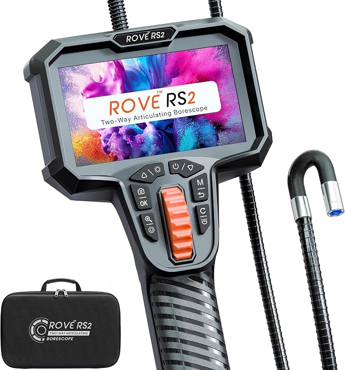 ROVE RS2 Two-Way Articulating Borescope Camera with Light, 1080P Industrial Endoscope Inspection Camera with 180° Articulated Slim 6.2mm Probe, 4.3” IPS Screen, for Wall Automotive, Mechanics, and DIY