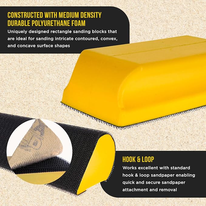 Dura-Gold 7-Piece Hand Sanding Block Set - 5" to 10-3/4" Long, Handheld Hook & Loop Sander Pads - Rectangle, Flat, Round, Curved, Contoured Shapes - Sand Wood Woodworking, Auto Body Paint & Detailing