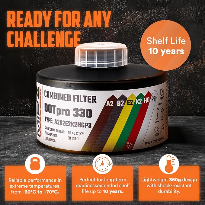 MIRA Safety DotPro 330 Industrial Filter, A2 B2 E2 K2 Hg P3, 40mm NATO | A2B2E2K2HgP3 filter rating. Industrial-grade protection. Long shelf life. 40mm NATO thread. Fits full-face masks.