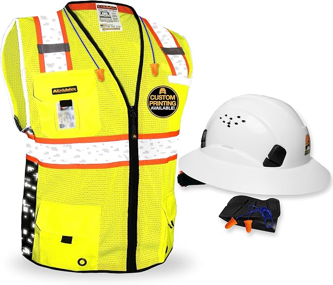 KwikSafety BIG KAHUNA DIGITAL Safety Vest [Yellow, 3XL] + TORTOISE Full Brim Hard Hat Bundle