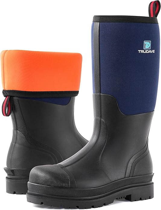 Trudave Rubber Boots for Men, Waterproof Rain Boots with Steel Shank & Reinforced Shell, 5mm Neoprene Insulated Knee Mud Boots for Outdoor Work Hunting Farming Fishing