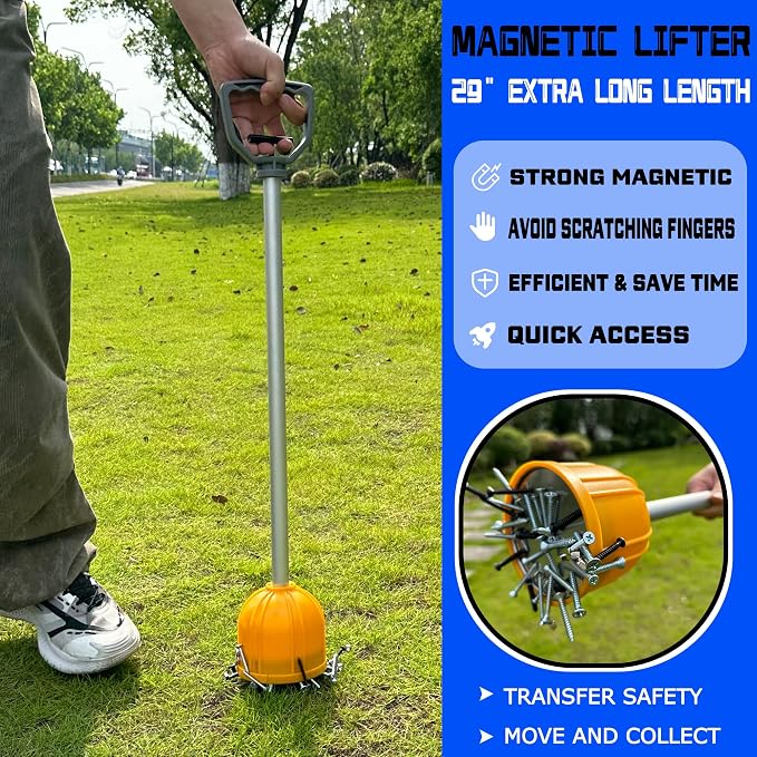ULIBERMAGNET Magnetic Bulk Lifter, 29inch Long Reach Magnetic Pickup Tool with Quick Release, Yard Pull Magnet Sweeper, Metal Manual Magnetic Swarf Tool with Extended Handle for Nails, Screws, Nut