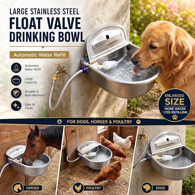 Tessco for you 2 Pack 4.5l/1.2 Gallon/152 oz Large Automatic Livestock Water Bowl, Stainless Steel Horse Waterer Dispenser with Float Valve, Automatic Animal Waterer for Dog Pig Cattle Dog Goat Farm