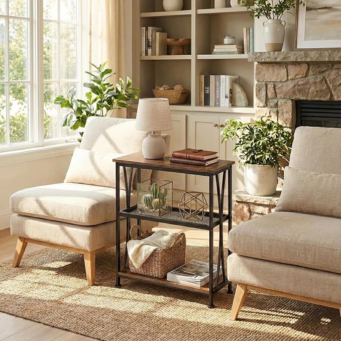 Narrow Side Table,3-Tier End Table With Storage Shelves,Small Hallway Table, Industrial Accent Table With Metal Frame Slim Nightstand Sofa Side Table for Small Spaces,Living Room, Bedroom,Rustic Brown