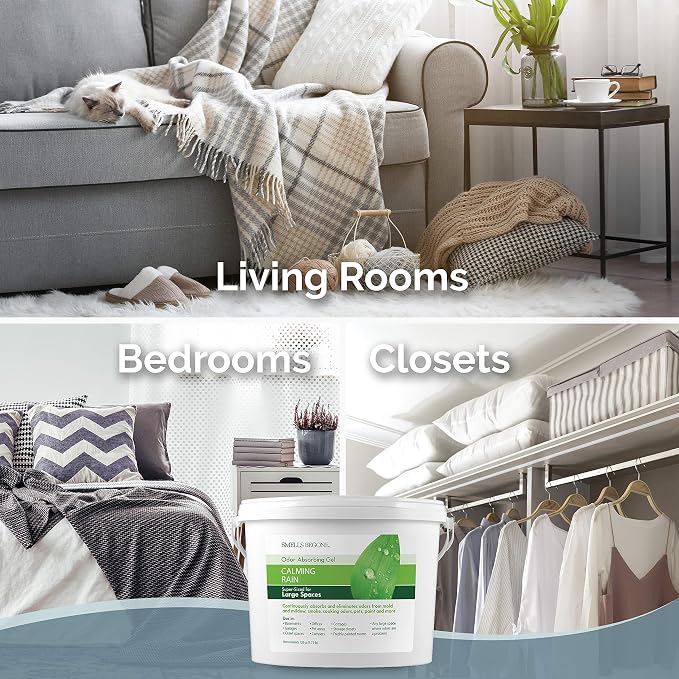 SMELLS BEGONE 1-Gallon Odor Absorber Gel - Air Freshener & Odor Eliminator for Homes, Garages & Commercial Buildings - Industrial Size - Calming Rain Scent