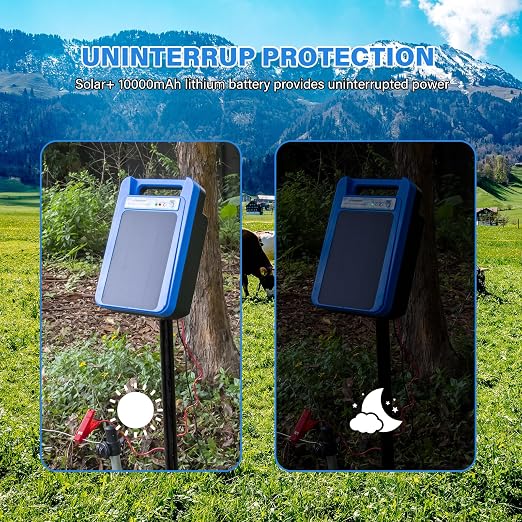 Solar Electric Fence Charger 8 kV Hight Power Energizer, 10000mAh Lithium Battery & 3W Solar Panel - Ideal for Livestock, Pet, Poultry, Gardens, Orchards Protection