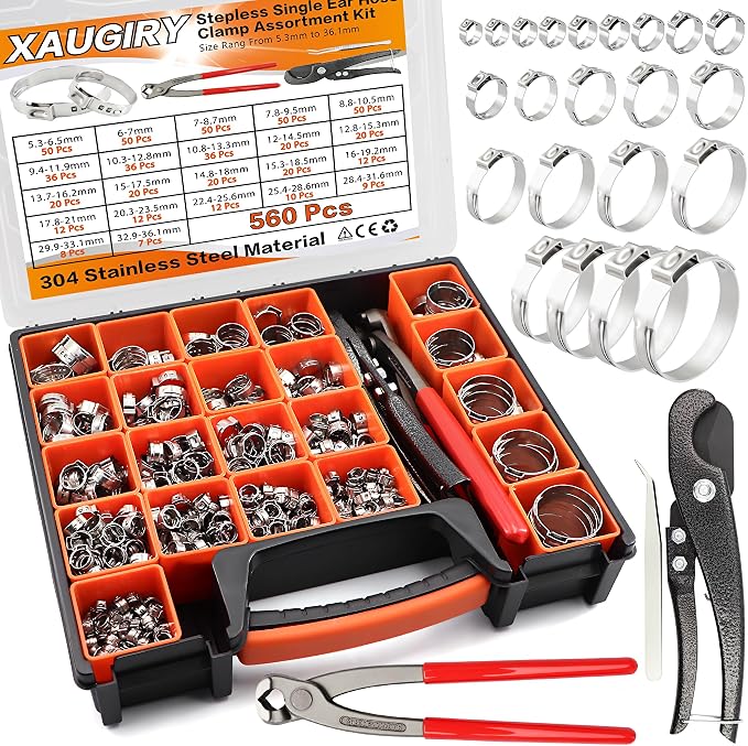560Pcs 22 Sizes 304 Stainless Steel Stepless Single Ear Hose Clamp Assortment Kit,Adjustable 5.3-36.1mm,with Ear Clamp Pincer Tool,for Fuel Line,Automotive,Industry,Home Pipeline
