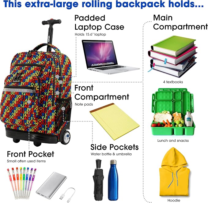 J World Sundance Laptop Rolling Backpack for Girls Boys. Roller Bookbag with Wheels, 20 Inch, RYC