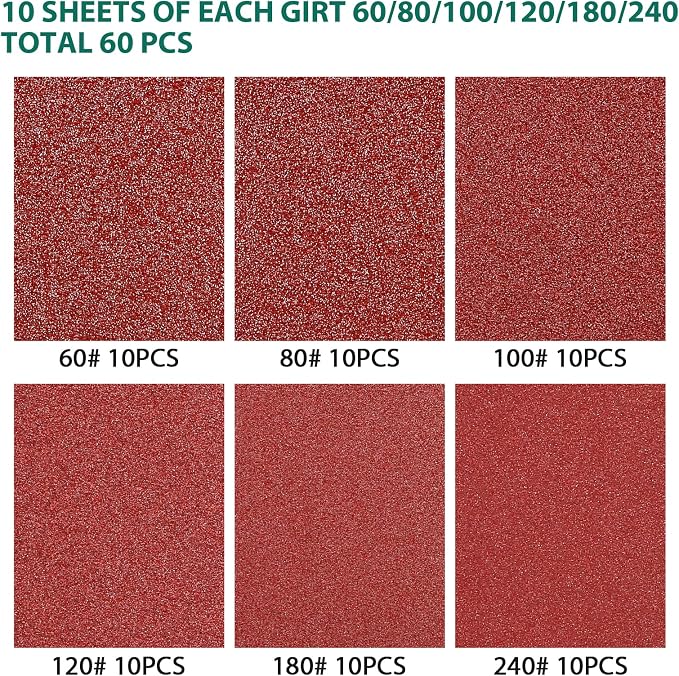 60PCS Triangular Sander Sandpaper, HYCHIKA Detail Sander Sandpaper Assorted 60/80/100/120/180/240 Grits with 6 Holes for Wood Sanding, Fit 3.92inch Qscillating Multi Tool Sander Machine