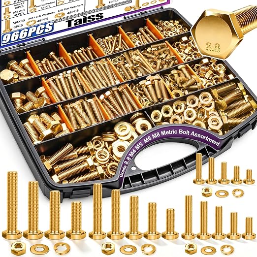 Taiss 966pcs Grade 8.8 Metric Bolt Assortment,Metric Bolts and Nuts Assortment,Bolt Kit M4 M5 M6 M8(12-30mm) Heavy Duty Hex Bolts and Nuts Kit Flat/Lock Washer Yellow Zinc Plated,with Handheld Box